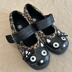T.U.K. Black Cat Leopard Print Mary Janes Mule Clog Strap Buckle Shoes Size 9